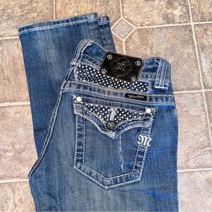 Miss Me Distressed Straight Jean Buckle Exclusive Rhinestone Button Flap Pockets